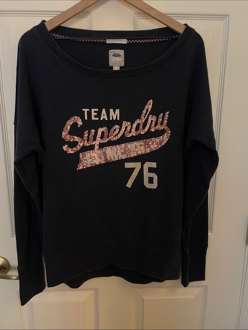 Superdry Black Crew Sweatshirt with Pink Sequin Logo, S